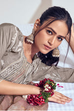 Load image into Gallery viewer, Pure Moga Silk Embroidery And Batik Print Dark Beige Long Straight Cut Suit
