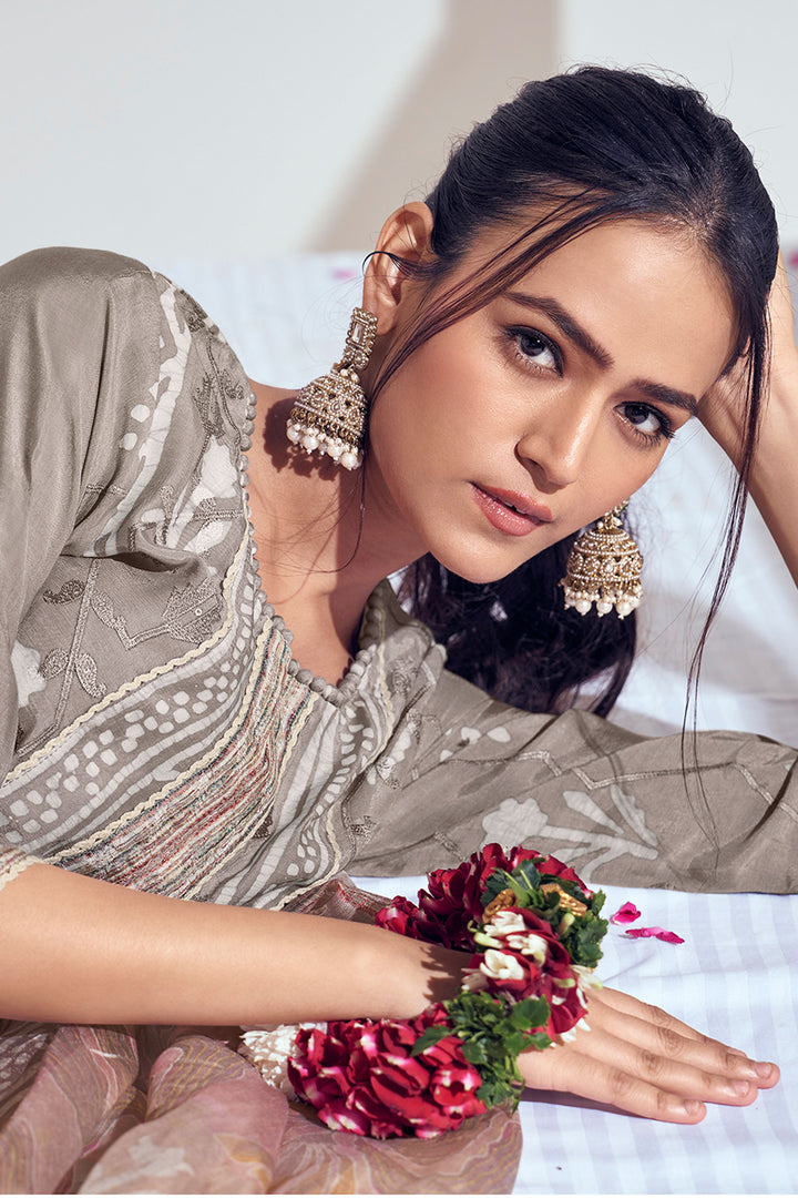 Pure Moga Silk Embroidery And Batik Print Dark Beige Long Straight Cut Suit