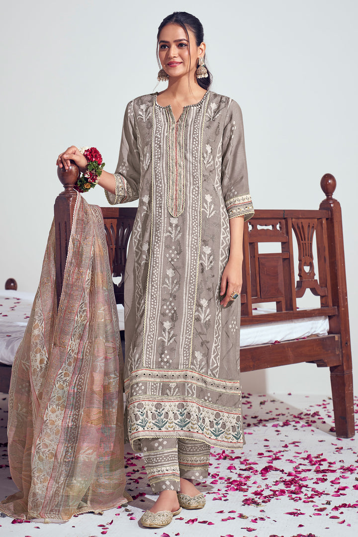Pure Moga Silk Embroidery And Batik Print Dark Beige Long Straight Cut Suit