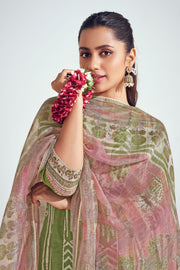 Pure Moga Silk Embroidery And Batik Print Long Straight Cut Dress In Green Color