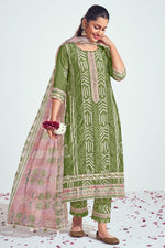 Load image into Gallery viewer, Pure Moga Silk Embroidery And Batik Print Long Straight Cut Dress In Green Color
