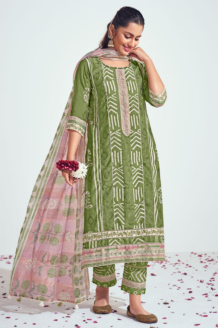 Pure Moga Silk Embroidery And Batik Print Long Straight Cut Dress In Green Color
