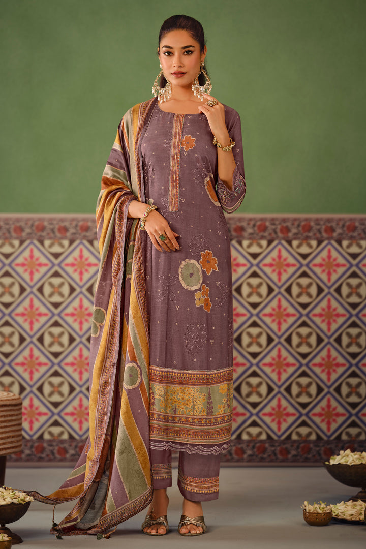 Purple Pure Premium Muslin Silk Fancy Digital Print Designer Suit