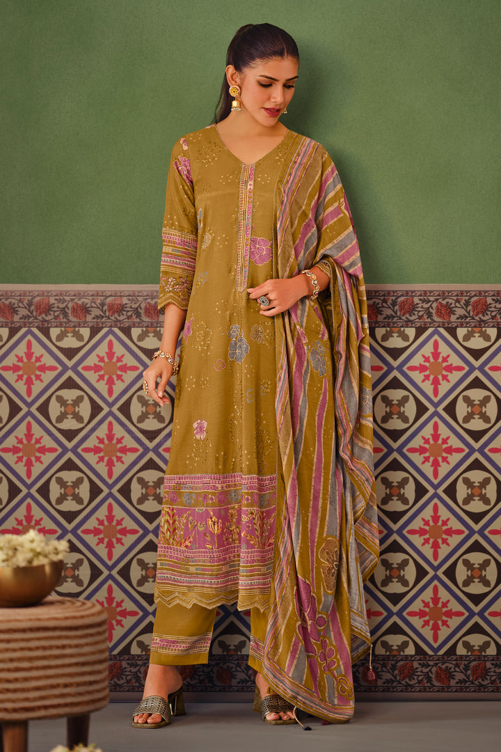 Premium Muslin Silk Fancy Digital Print Brown Salwar Suit