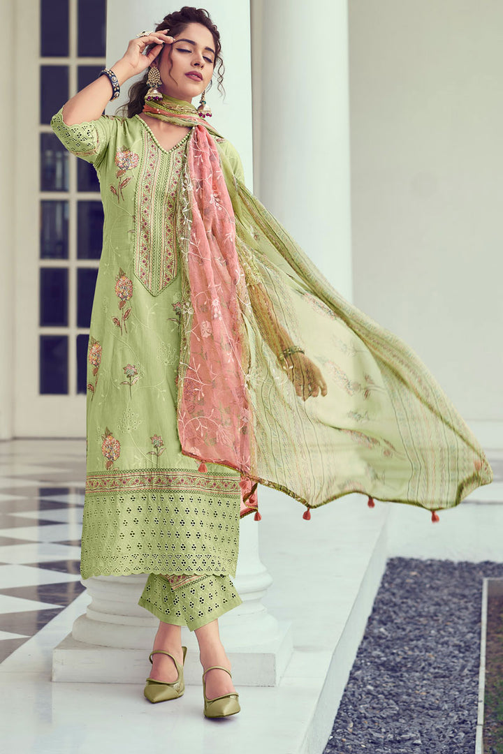Green Pure Cotton Ethereal Elegance Straight Cut Salwar Suit