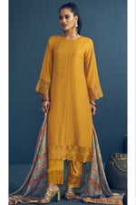 Load image into Gallery viewer, Mustard Color Pure Muga Silk Borer Embroidered Unstitched Salwar Suit Set