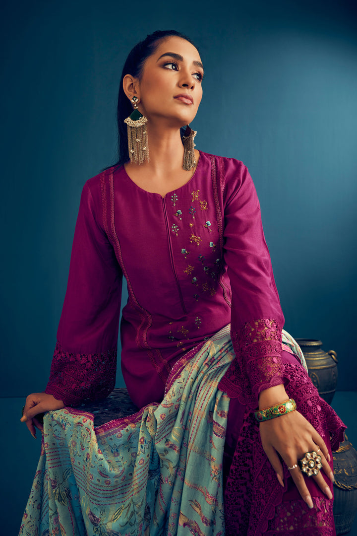 Purple Color Pure Muga Silk Borer Embroidered Unstitched Salwar Suit Set
