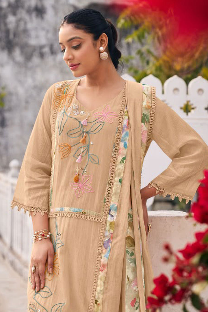 Chanderi Fabric Beige Color Hand Dori Work Salwar Suit