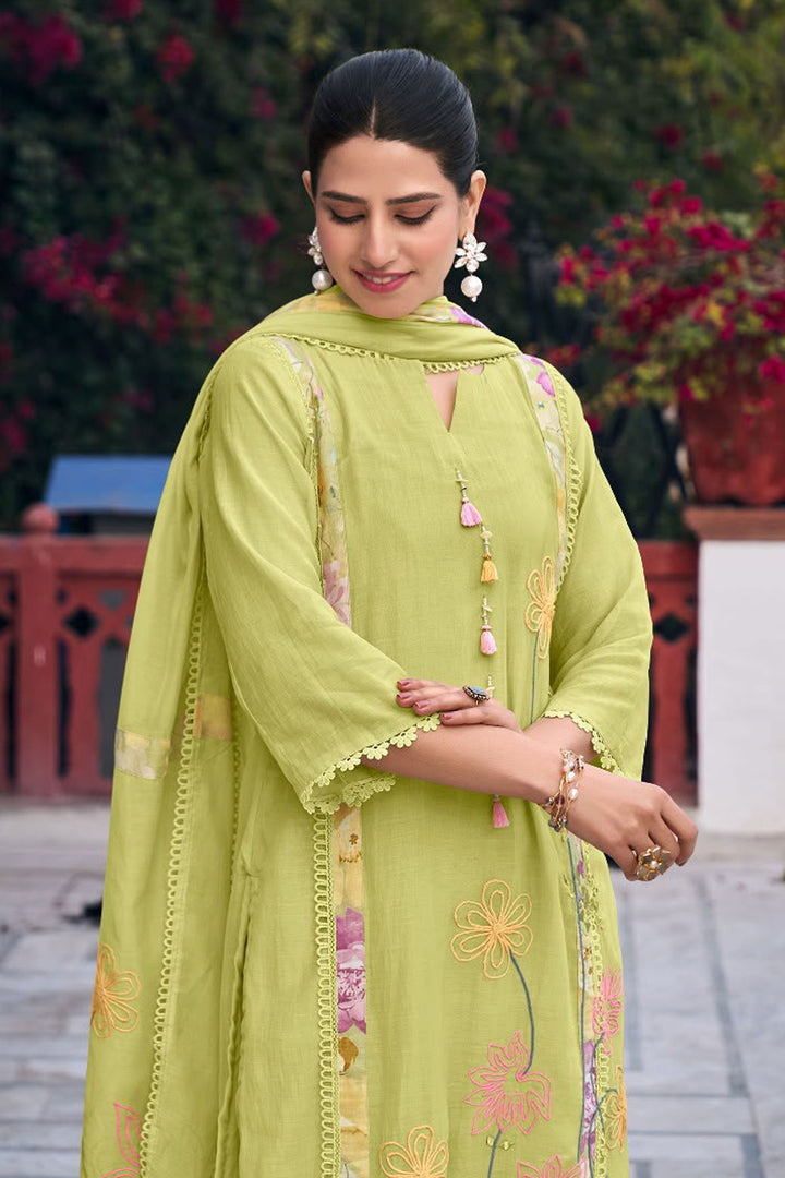 Chanderi Fabric Green Color Salwar Suit With Hand Dori Work