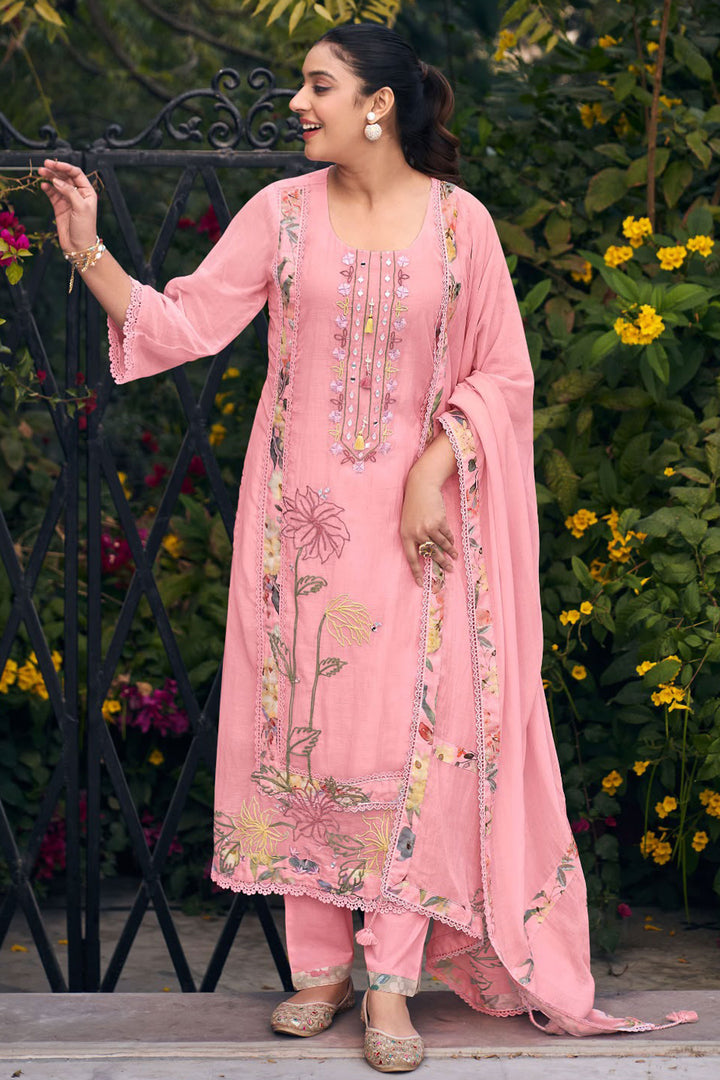Engaging Pink Color Chanderi Fabric Salwar Suit With Hamd Dori Work