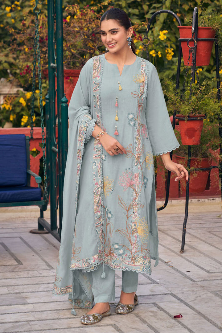 Hand Dori Work On Cyan Color Gorgeous Salwar Suit In Chanderi Fabric