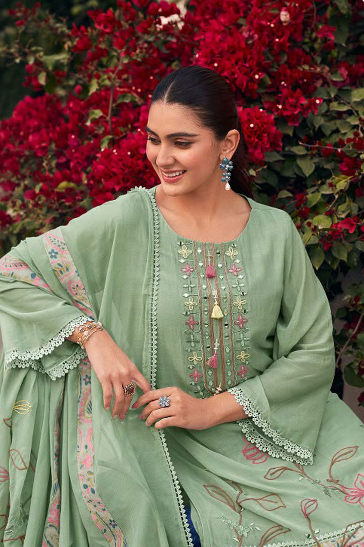 Hand Dori Work On Glamorous Salwar Suit In Sea Green Color Chanderi Fabric