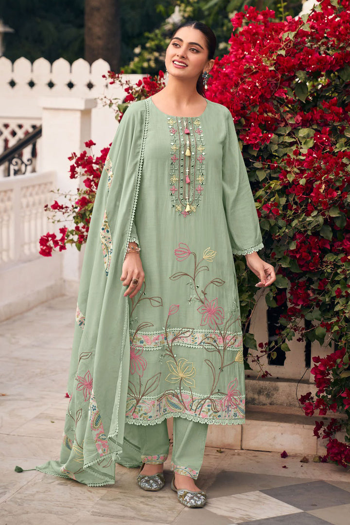 Hand Dori Work On Glamorous Salwar Suit In Sea Green Color Chanderi Fabric