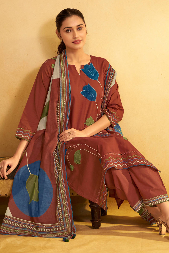 Elegant Cotton Applique Patch Embroidered Straight Cut Salwar Suit