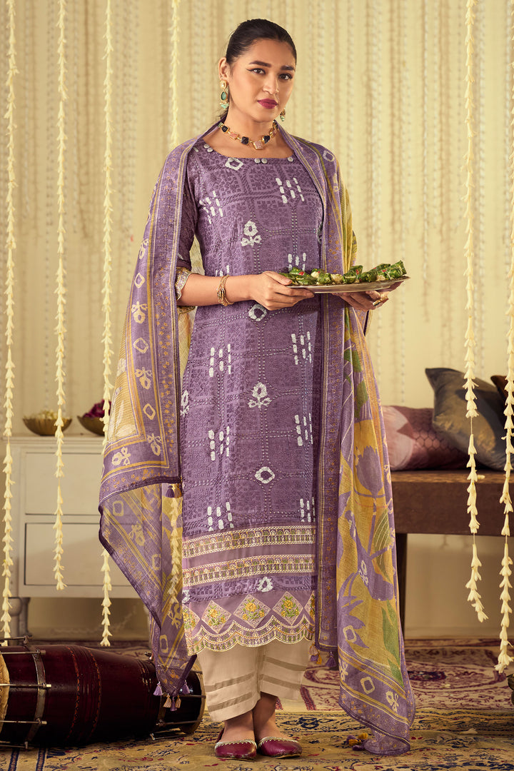 Purple Pure Muslin Lucknowi Embroidery Work Straight Cut Salwar Suit