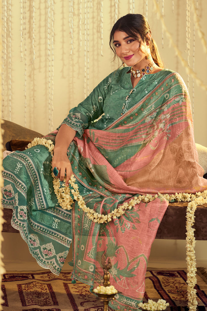 Teal Green Pure Muslin Lucknowi Embroidery Straight Cut Suit for Festive Wear