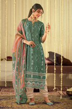 Load image into Gallery viewer, Teal Green Pure Muslin Lucknowi Embroidery Straight Cut Suit for Festive Wear
