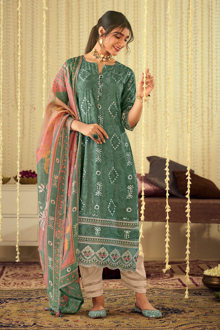 Teal Green Pure Muslin Lucknowi Embroidery Straight Cut Suit for Festive Wear