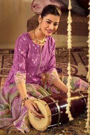 Lavender Pure Muslin Lucknowi Embroidery Straight Cut Dress for Festive Wear