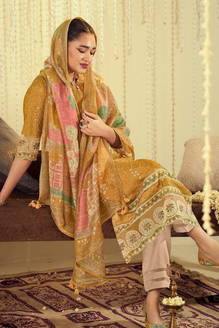 Mustard Pure Muslin Lucknowi Embroidery Straight Cut Salwar Kameez