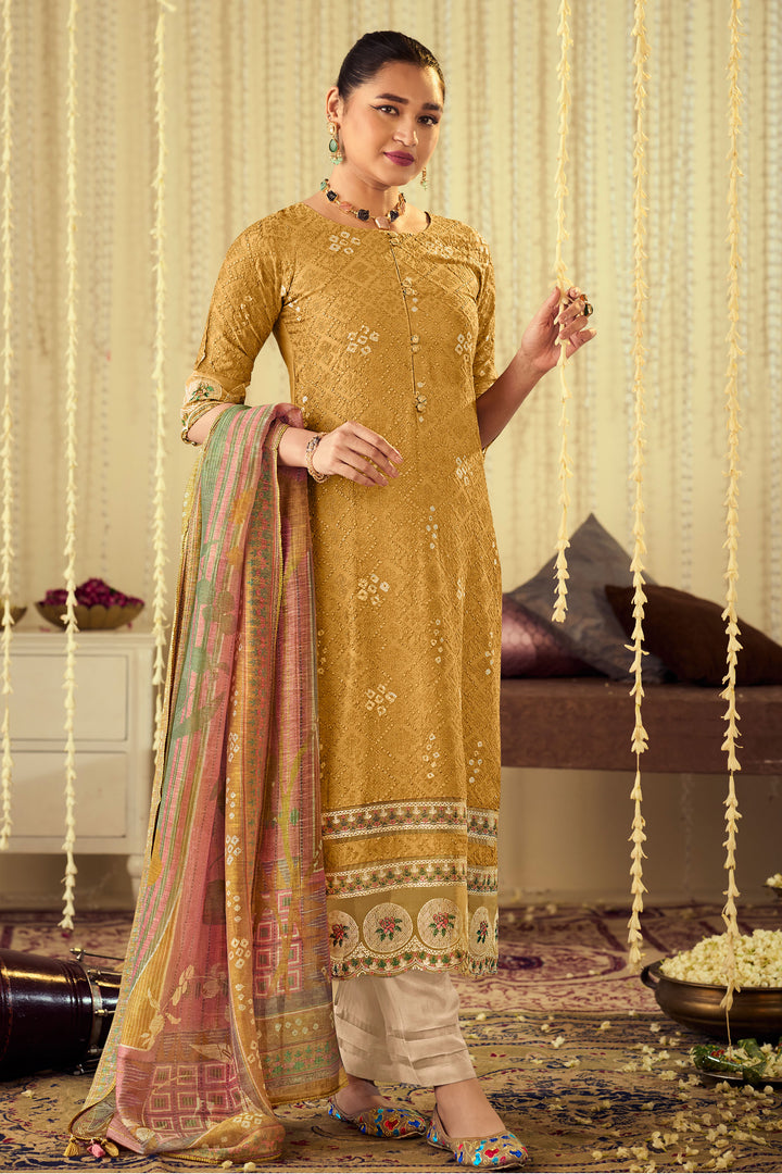 Mustard Pure Muslin Lucknowi Embroidery Straight Cut Salwar Kameez