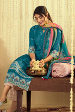 Load image into Gallery viewer, Pure Muslin Lucknowi Embroidery Work Straight Cut Salwar Suit In Teal Color
