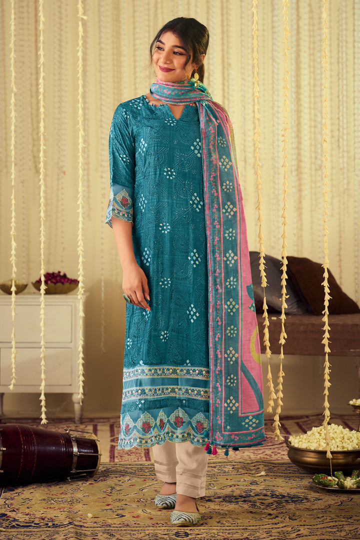 Pure Muslin Lucknowi Embroidery Work Straight Cut Salwar Suit In Teal Color