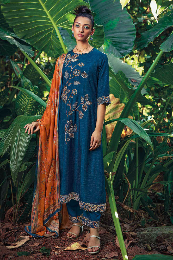 Pure Russian Silk Gold Print Designer Salwar Suit In Blue Color