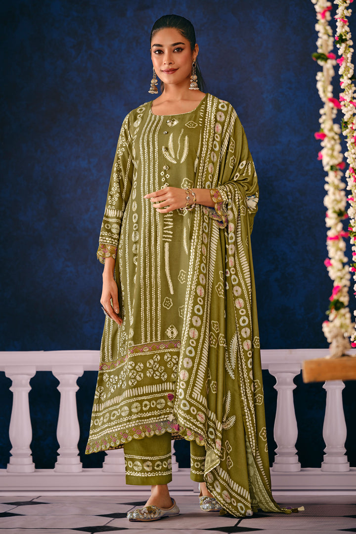 Olive Green Premium Pashmina Digital Print Dress