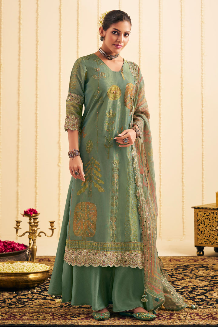Elegant Sea Green Pure Tissue Silk Digital Printed Palazzo Salwar Kameez Set