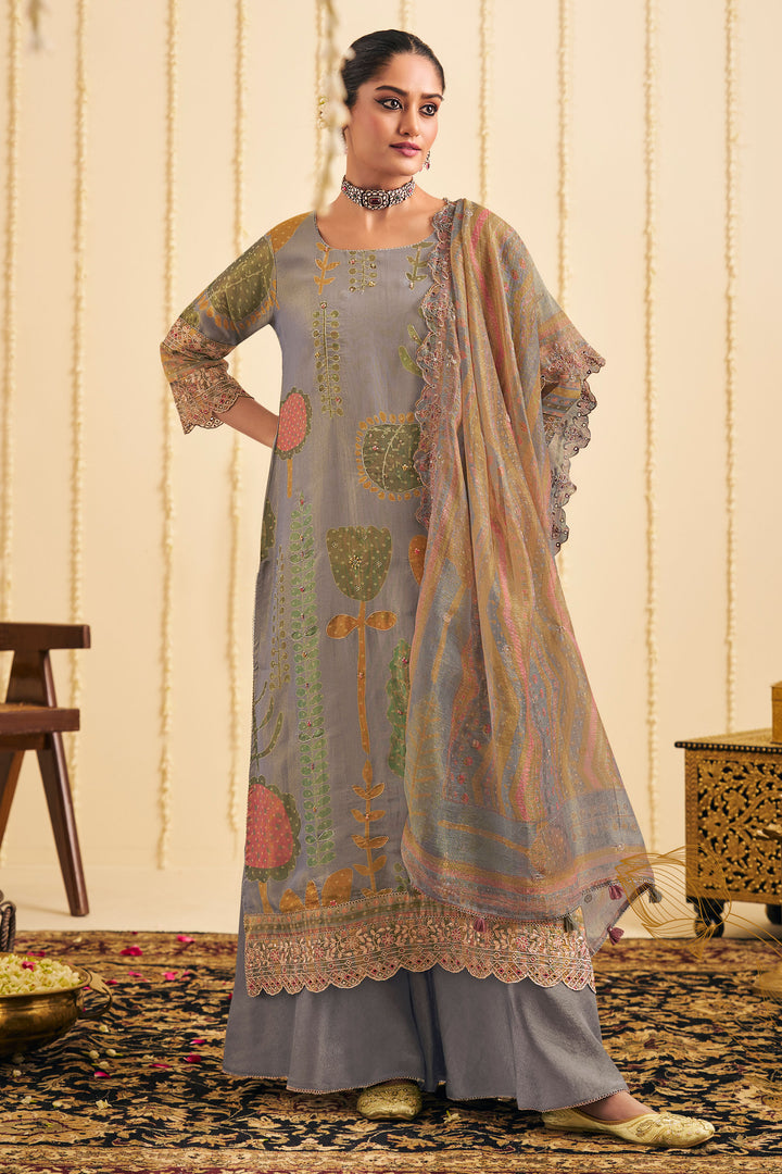 Stylish Grey Pure Tissue Silk Digital Print Palazzo Salwar Suit Outfit