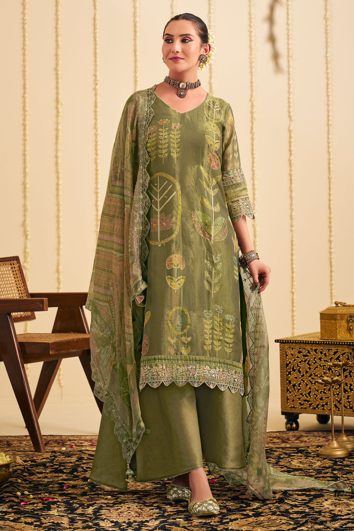 Green Tissue Silk Digital Print Indian Palazzo Salwar Kameez