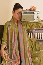 Load image into Gallery viewer, Olive Green Pure Heavy Burberry Checks Digital Print With Embroidery Work Suit
