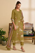 Load image into Gallery viewer, Olive Green Pure Heavy Burberry Checks Digital Print With Embroidery Work Suit
