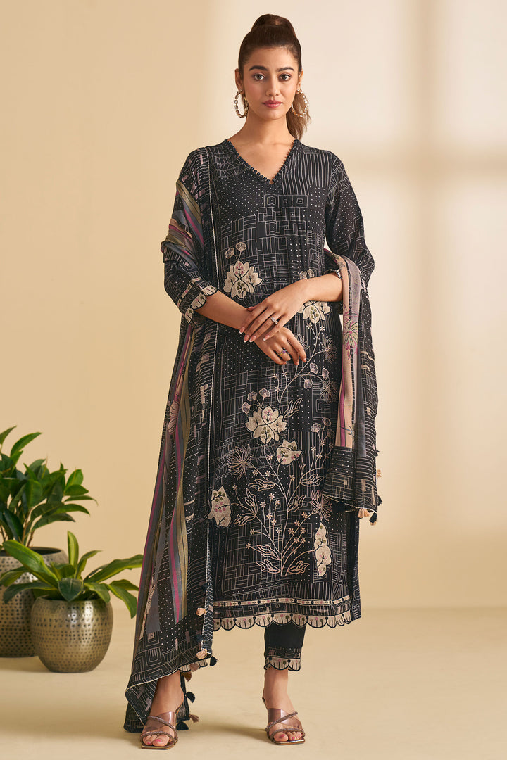 Pure Heavy Burberry Checks Digital Print With Embroidery Work Salwar Kameez In Black Color