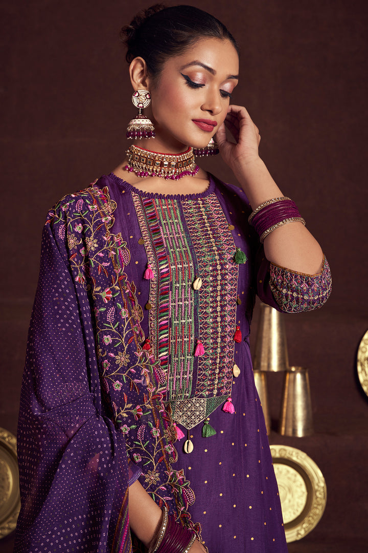 Purple Pure Bumberg Silk Gold Print Designer Long Salwar Suit