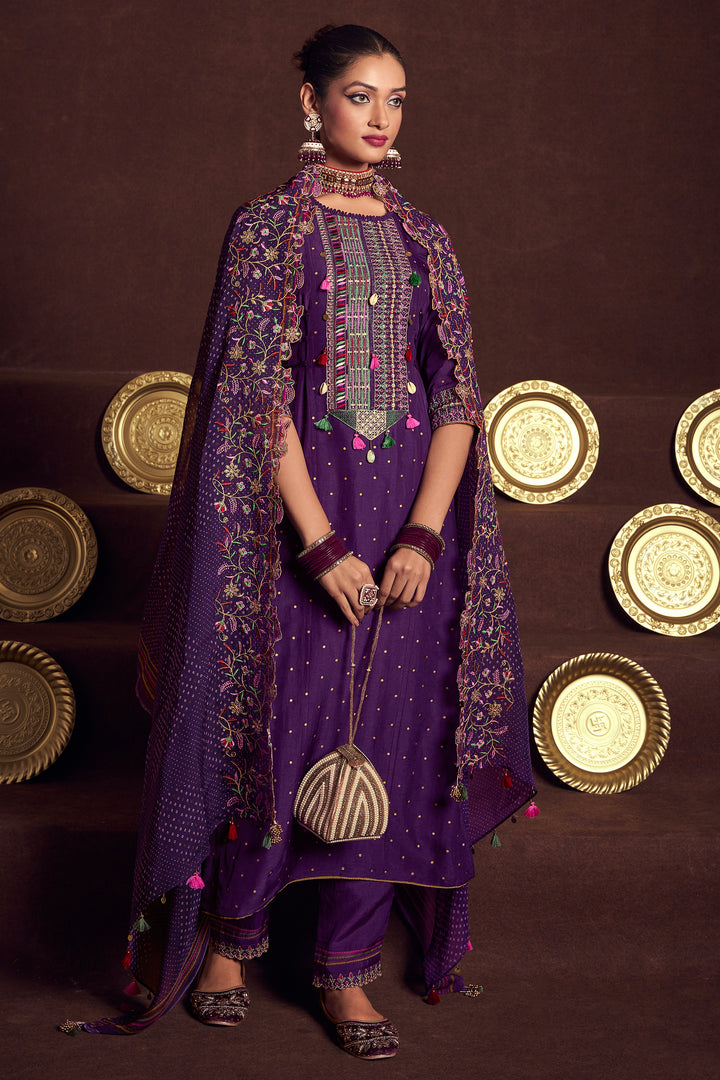 Purple Pure Bumberg Silk Gold Print Designer Long Salwar Suit