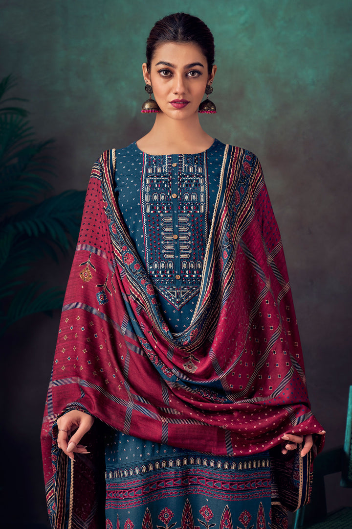 Navy Blue Pure Pashmina Digital Print Casual Salwar Suit