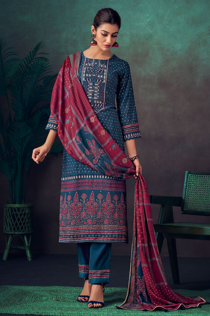 Navy Blue Pure Pashmina Digital Print Casual Salwar Suit