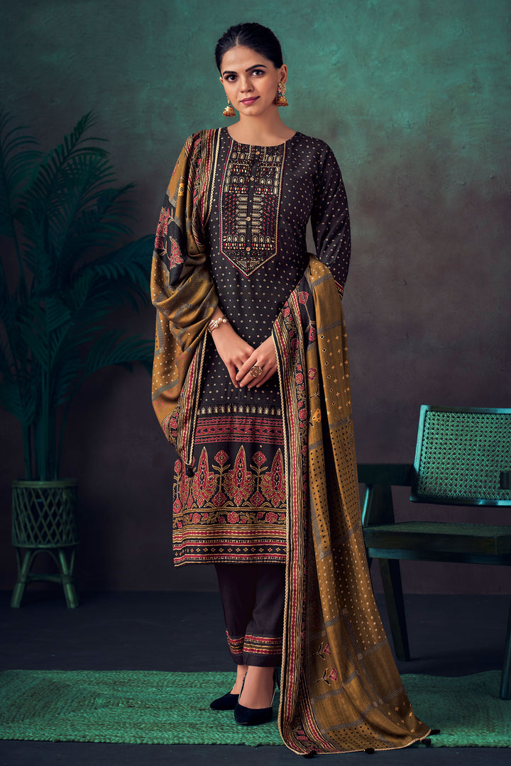 Black Pure Pashmina Digital Print Casual Suit