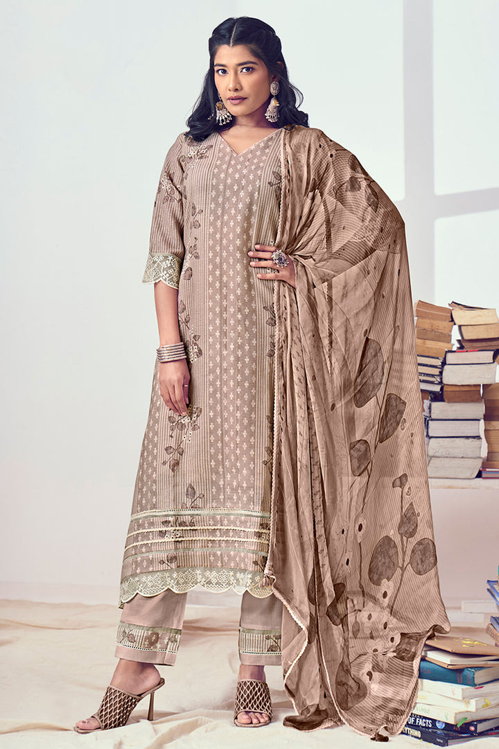 Brown Pure Linin Digital Print Salwar Suit