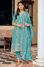 Load image into Gallery viewer, Pure Cotton Cyan Color Hand Block Print Long Salwar Suit
