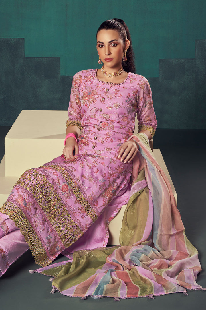 Pure Organza Pink Digital Printed Long Straight Cut Salwar Kameez