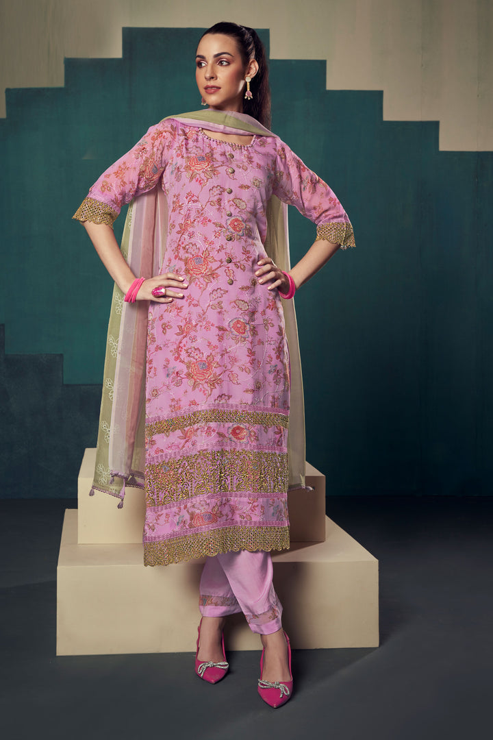 Pure Organza Pink Digital Printed Long Straight Cut Salwar Kameez