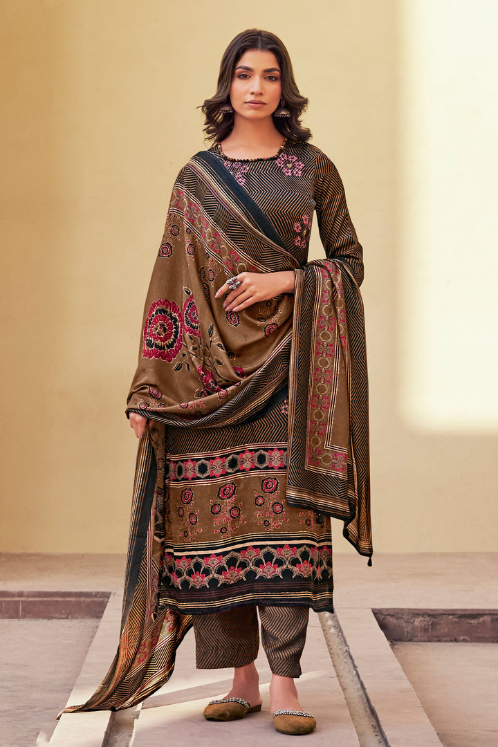 Pure Gajji Silk Digital Print Salwar Suit In Brown Color