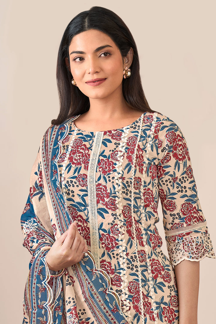 Cotton Block Print Border Embroidered Casual Salwar Kameez