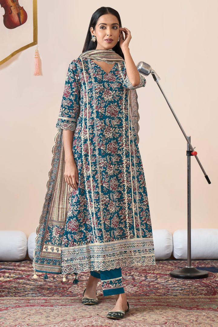Cotton Block Print Embroidered Lace Work Salwar Kameez