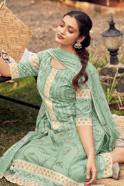 Pure Cotton Hand Block Print Straight Cut Salwar Kameez In Sea Green Color