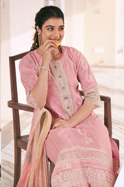 Pink Pure Organdy Block Print Straight Cut Salwar Suit