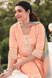Peach Color Pure Organdy Block Print Straight Cut Suit